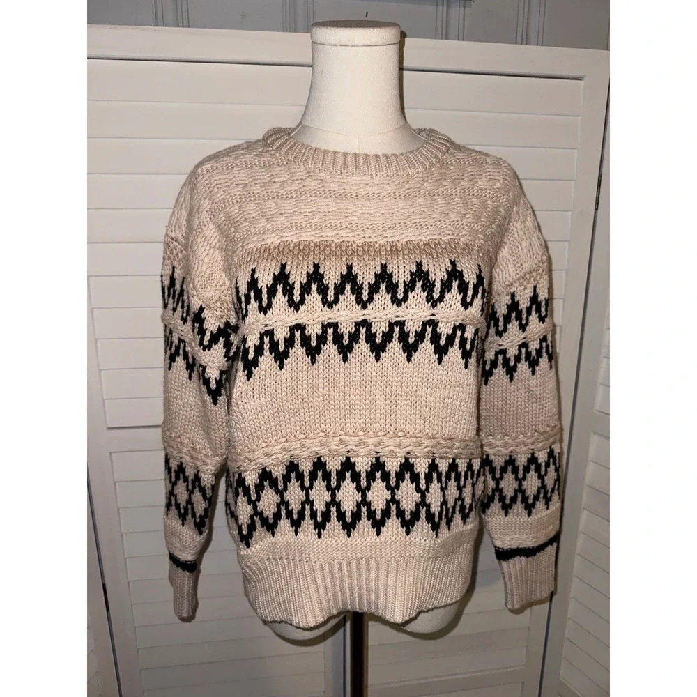 Skies Are Blue Fair Isle Knit Sweater Cream Black Zigzag Pattern Crew Neck XS - Picture 2 of 7
